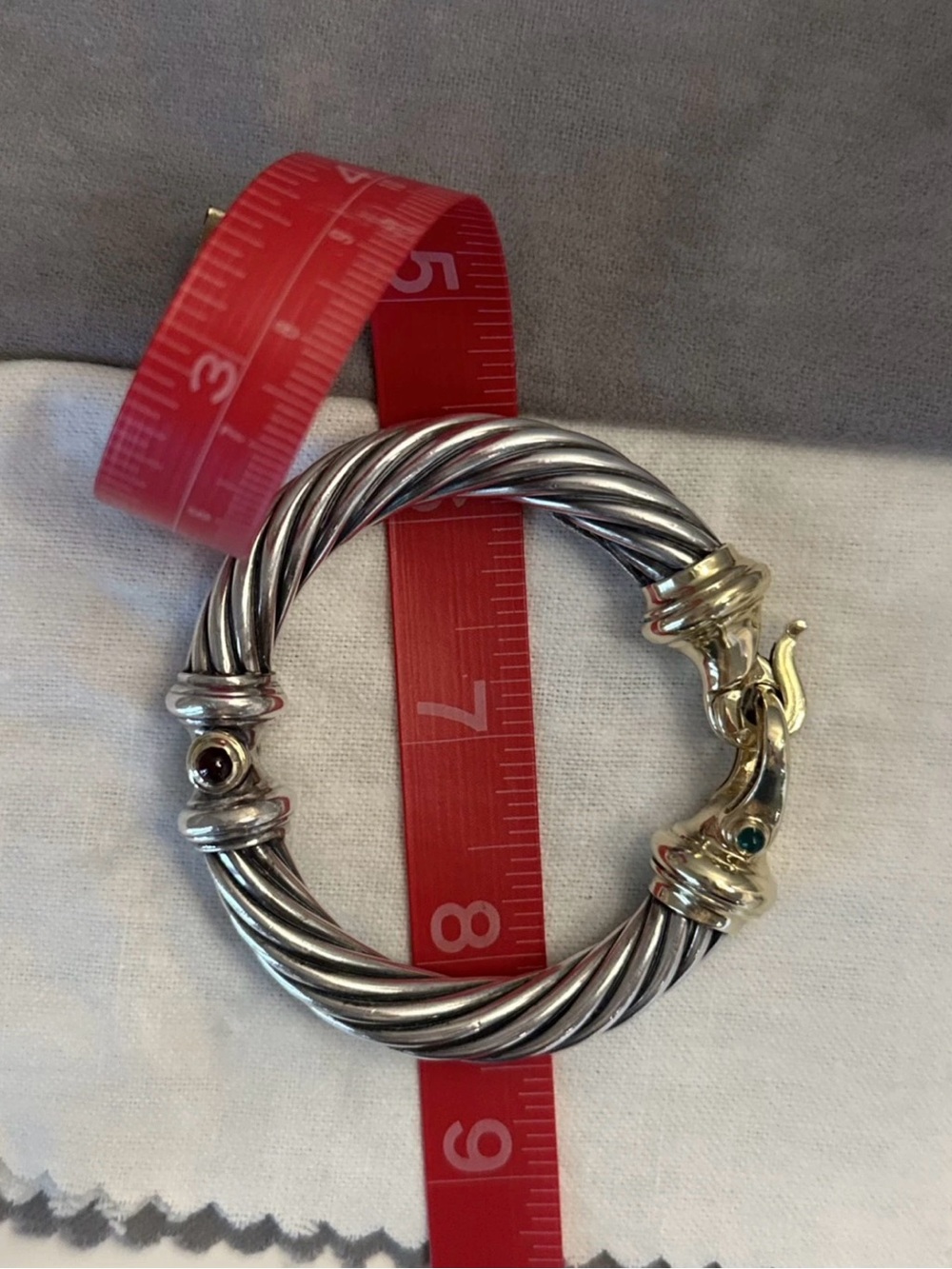 David Yurman Two-Tone Silver and Gold Twisted Cable Bracelet with Green Accent - Picture 10 of 10